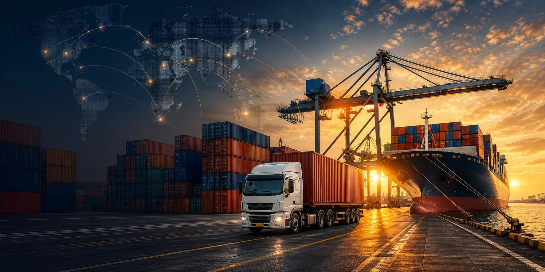 Cargo port at sunset